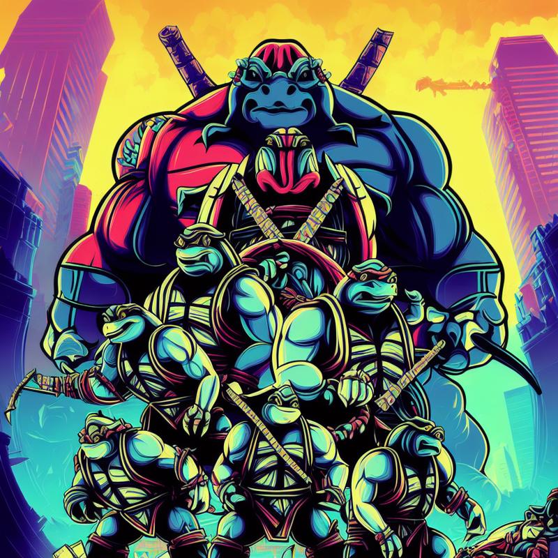 24650-2533215611-a group of ninja turtles in front of a giant robot with a giant robot on it's back, DanMumford style.png